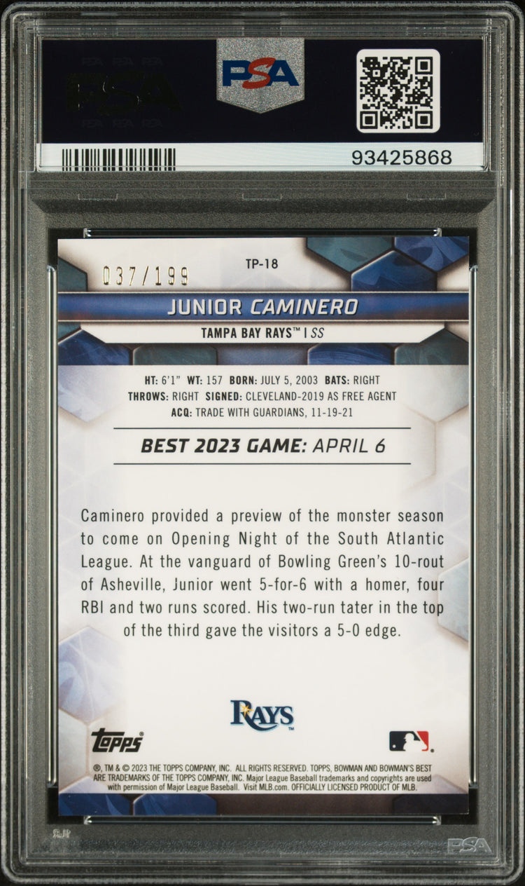 Graded 2023 Topps Bowmans Best Junior Caminero #TP18 Top Prospects Aqua Lava /199 Rookie RC Baseball Card PSA 10 Gem Mint