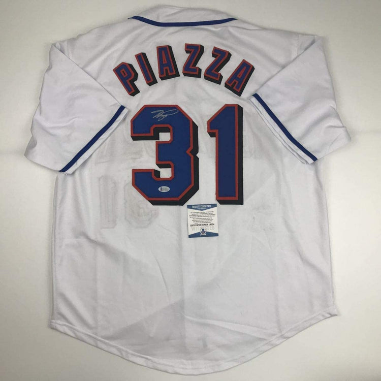 Autographed/Signed Mike Piazza New York NY White Baseball Jersey Beckett BAS COA