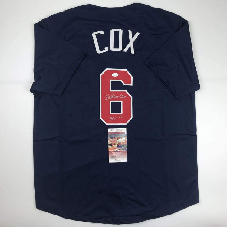 Autographed/Signed Bobby Cox HOF 14 Atlanta Blue Baseball Jersey JSA COA