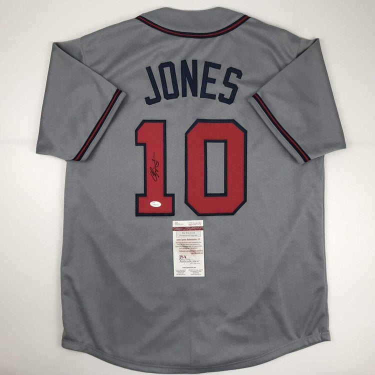 Autographed/Signed Chipper Jones Atlanta Grey Baseball Jersey JSA COA