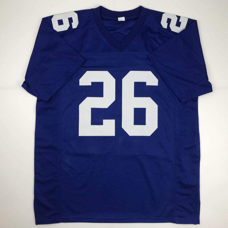 Autographed/Signed Saquon Barkley New York Blue Football Jersey Beckett BAS COA