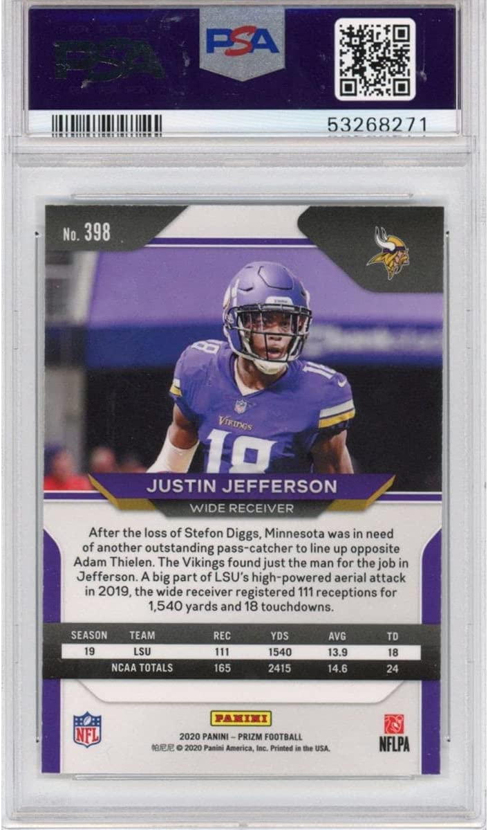 Graded 2020 Panini Prizm Justin Jefferson SP #398 Rookie RC Football Card PSA 10 Gem Mint