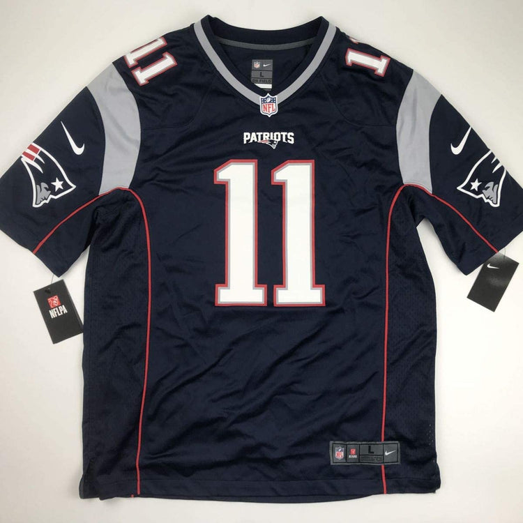 Autographed/Signed Julian Edelman New England Blue Nike Football Jersey Beckett BAS COA