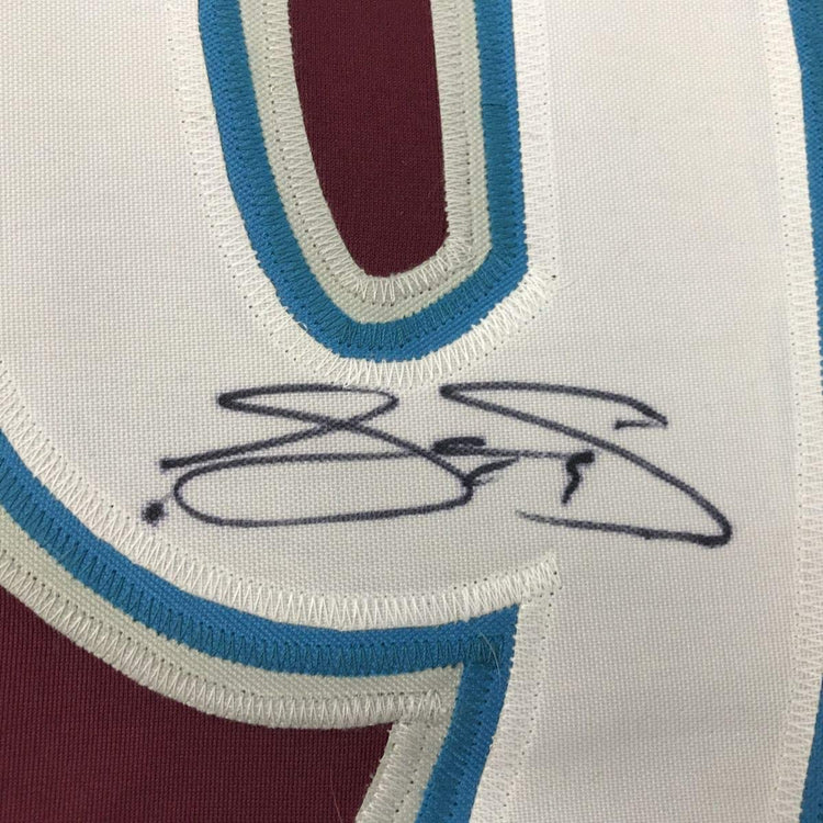 Framed Autographed/Signed Joe Sakic 33x42 Colorado Maroon Hockey Jersey Beckett BAS COA