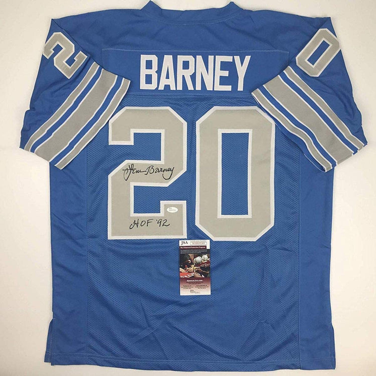 Autographed/Signed Lem Barney"HOF 92" Detroit Blue Football Jersey JSA COA