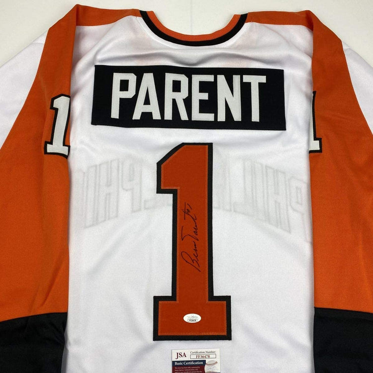 Autographed/Signed Bernie Parent Philadelphia White Hockey Jersey JSA COA