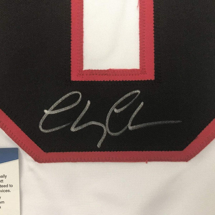 Autographed/Signed Chevy Chase Clark Griswold Christmas Vacation Movie Chicago White Hockey Jersey Beckett BAS COA