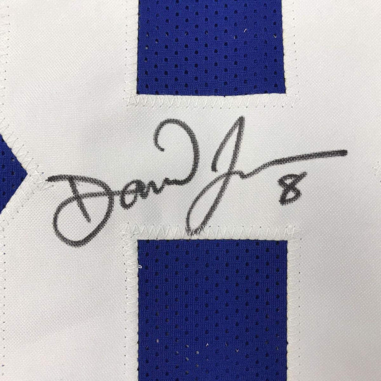 Framed Autographed/Signed Daniel Jones 33x42 New York Blue Football Jersey JSA COA