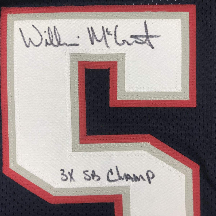 Autographed/Signed Willie McGinest 3x SB Champ New England Blue Football Jersey JSA COA