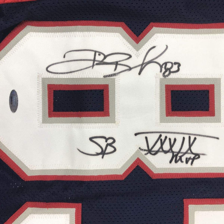 Framed Autographed/Signed Deion Branch 33x42 Super Bowl XXXIX MVP New England Blue Football Jersey Tristar COA