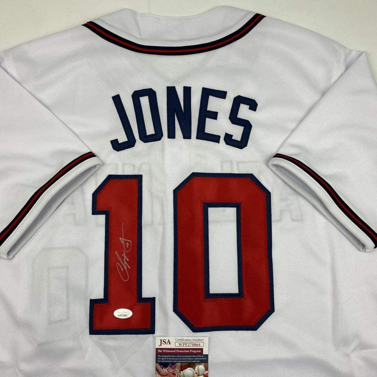 Autographed/Signed Chipper Jones Atlanta White Baseball Jersey JSA COA