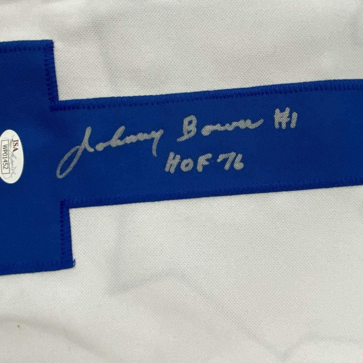 Framed Autographed/Signed Johnny Bower HOF 76 33x42 Toronto Blue Hockey Jersey JSA COA