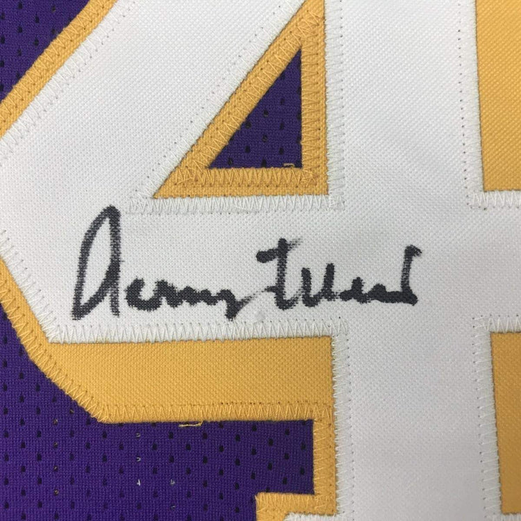 Framed Autographed/Signed Jerry West 33x42 Los Angeles LA Purple Basketball Jersey JSA COA