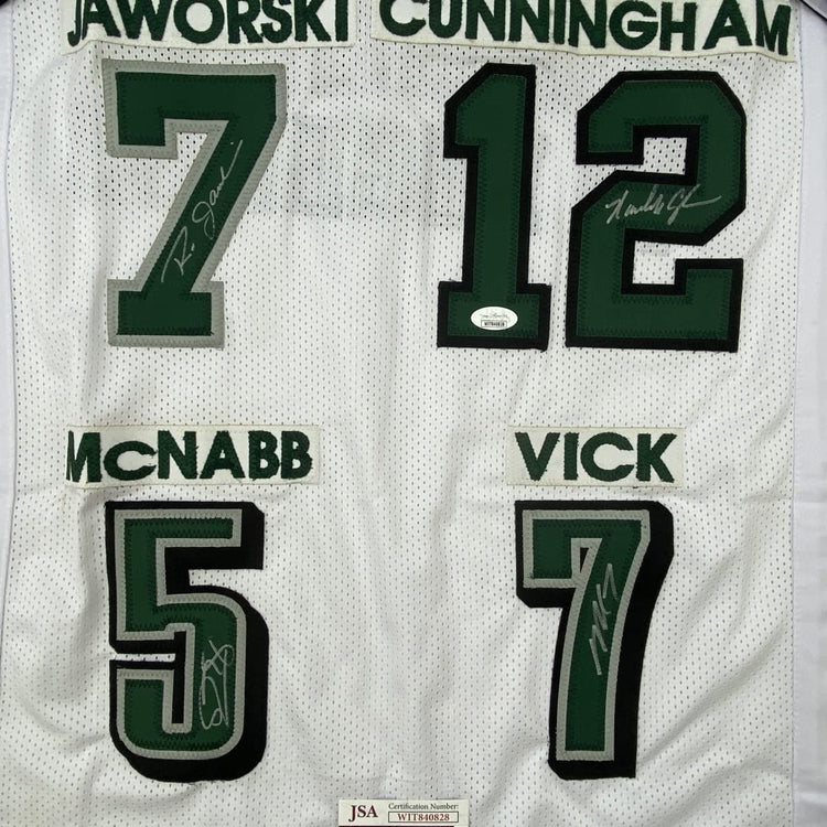 Framed Autographed/Signed Eagles QB Legends McNabb Cunningham Vick Jaworski 33x42 Philadelphia White Football Jersey JSA COA