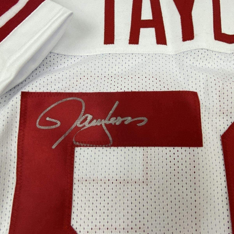 Framed Autographed/Signed Lawrence Taylor 33x42 New York White Football Jersey Beckett BAS COA