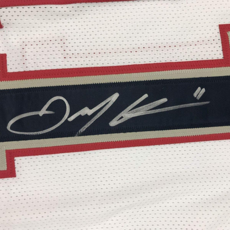 Framed Autographed/Signed Julian Edelman 33x42 New England White Football Jersey Beckett BAS COA