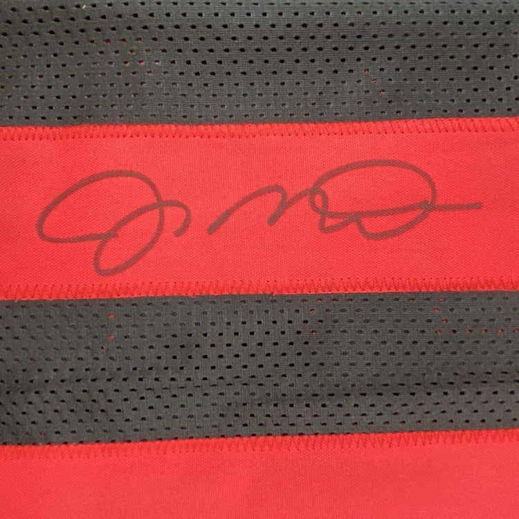 Framed Autographed/Signed Joe Montana 33x42 San Francisco Black Football Jersey JSA COA