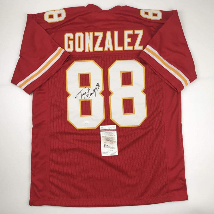 Autographed/Signed Tony Gonzalez Kansas City Red Football Jersey JSA COA