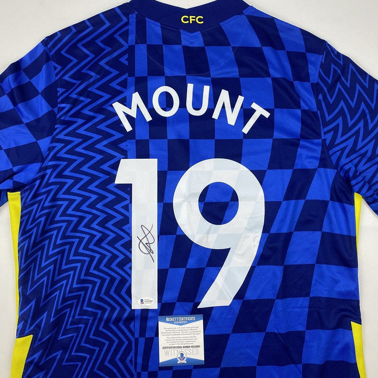Autographed/Signed Mason Mount Chelsea FC Blue Soccer Futbol Jersey Beckett BAS COA