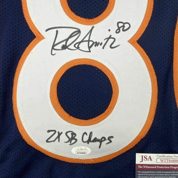 Framed Autographed/Signed Rod Smith 2x SB Champ 33x42 Denver Blue Football Jersey JSA COA