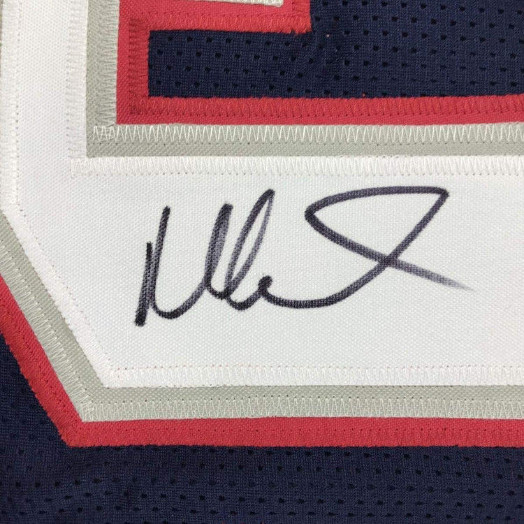 Framed Autographed/Signed Mike Vrabel 33x42 New England Blue Football Jersey Beckett BAS COA