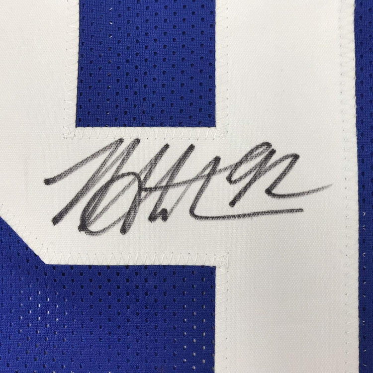 Autographed/Signed Michael Strahan New York Blue Football Jersey JSA COA