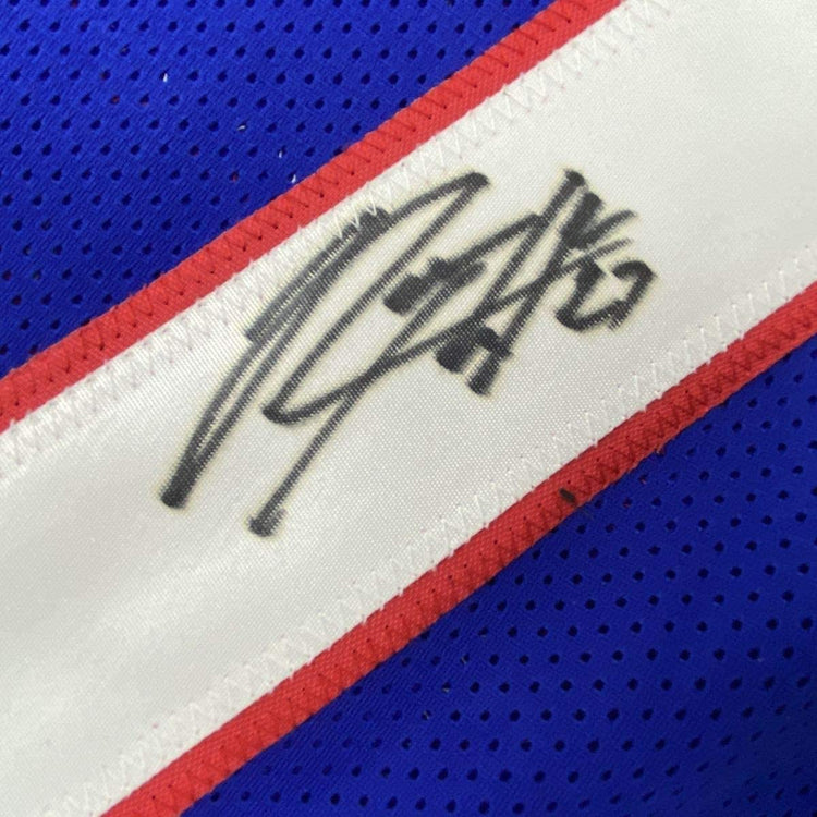 Framed Autographed/Signed Rodney Hampton 33x42 New York Blue Football Jersey JSA COA