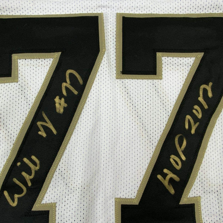 Autographed/Signed Willie Roaf HOF 2012 New Orleans White Football Jersey JSA COA
