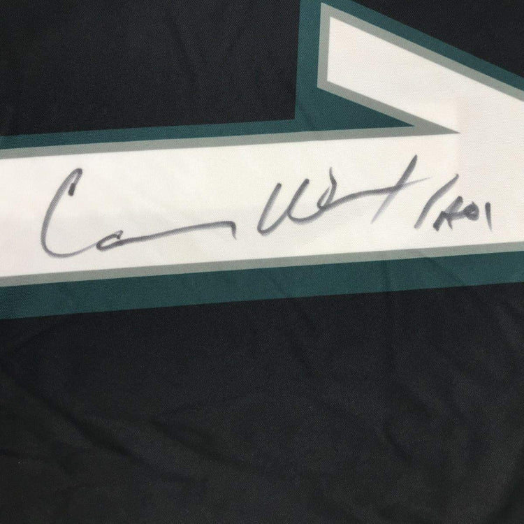 Framed Autographed/Signed Carson Wentz 33x42 Philadelphia Eagles Black Nike Dri Fit Football Jersey Fanatics COA