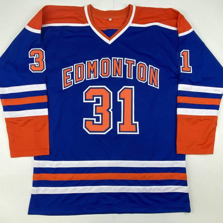 Autographed/Signed Grant Fuhr Edmonton Blue Hockey Jersey Beckett BAS COA