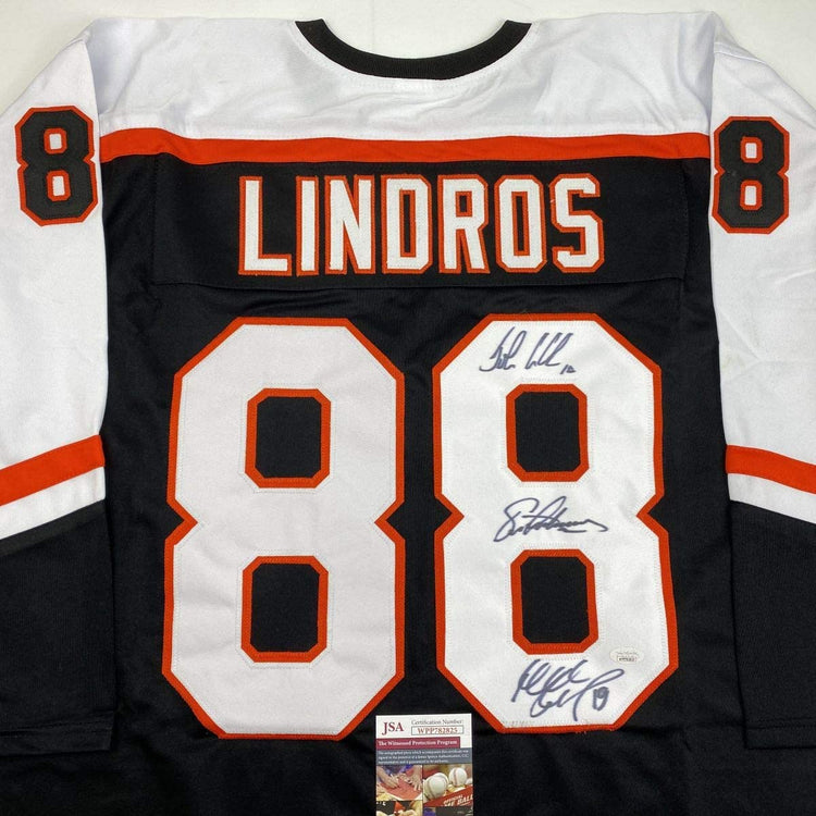 Autographed/Signed Legion of Doom Eric Lindros, John LeClair & Mikail Renberg Philadelphia Black Hockey Jersey JSA COA