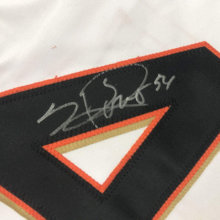 Framed Autographed/Signed Sergio Romo 33x42 San Francisco White Baseball Jersey JSA COA