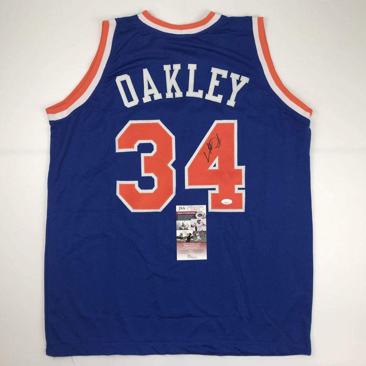 Autographed/Signed Charles Oakley New York Blue Basketball Jersey JSA COA