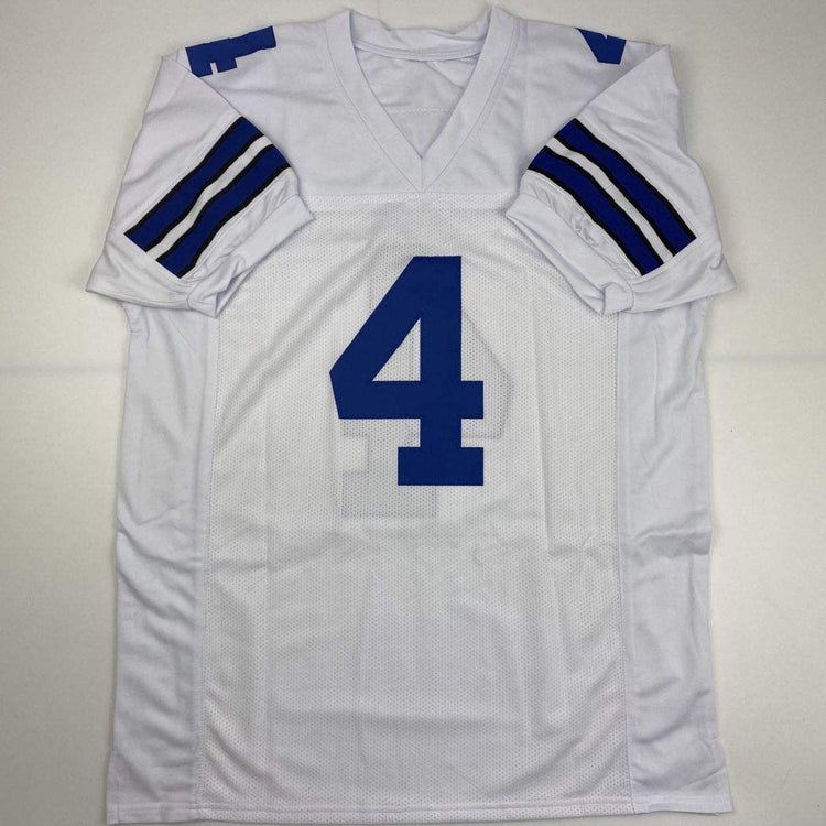 Autographed/Signed Dak Prescott Dallas White Football Jersey Beckett BAS COA