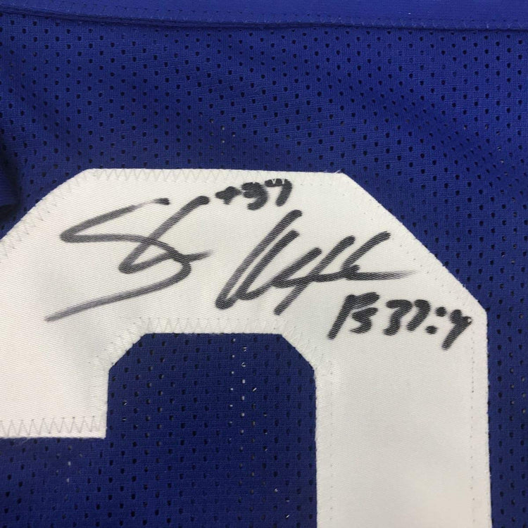 Framed Autographed/Signed Shaun Alexander 33x42 Seattle Blue Football Jersey JSA COA