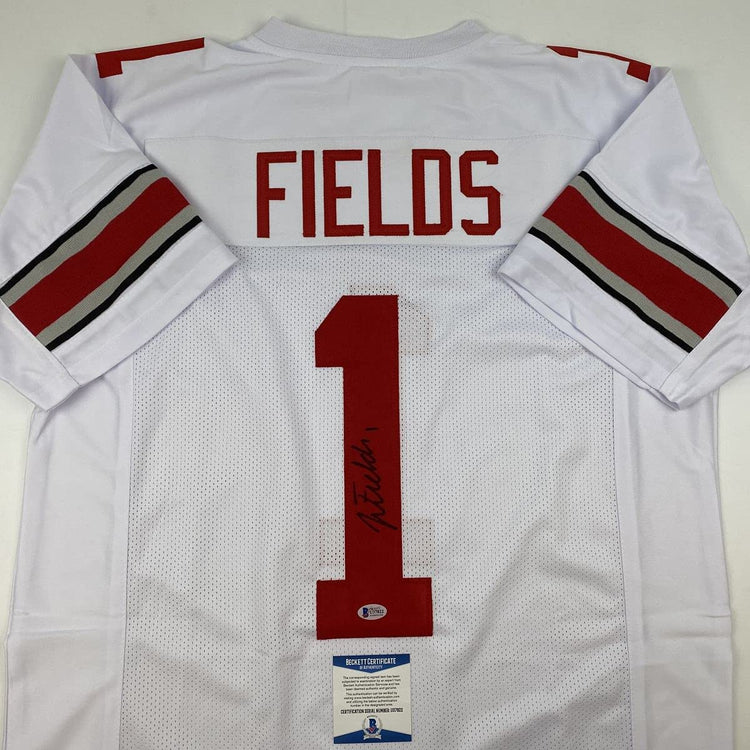 Autographed/Signed Justin Fields Ohio State White College Football Jersey Beckett BAS COA
