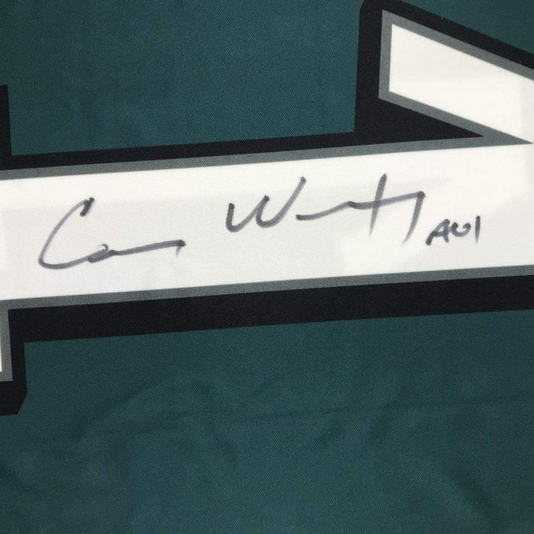 Framed Autographed/Signed Carson Wentz 33x42 Philadelphia Eagles Green Nike Dri Fit Football Jersey Fanatics COA