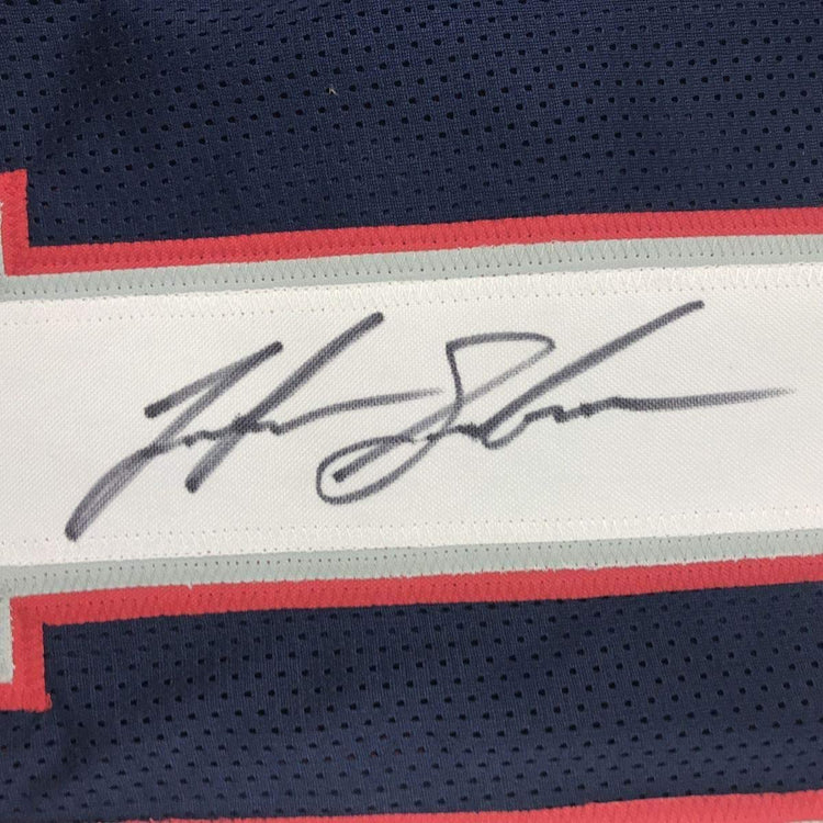 Framed Autographed/Signed Josh Gordon 33x42 New England Blue Football Jersey JSA COA