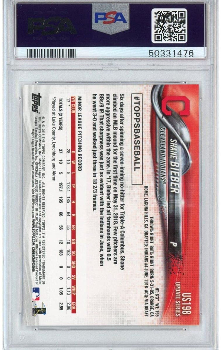 Graded 2018 Topps Update Shane Bieber #US198 Ball At Waist Rookie RC Baseball Card PSA 10 Gem Mint