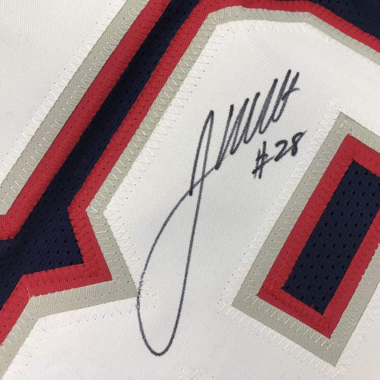 Framed Autographed/Signed James White 33x42 New England Blue Football Jersey JSA COA