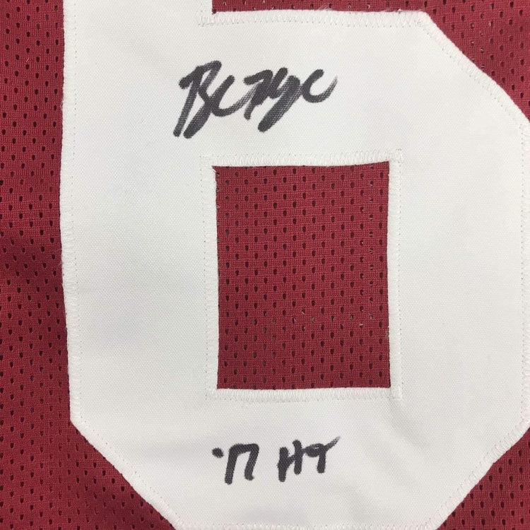 Framed Autographed/Signed Baker Mayfield"17 HT" 33x42 Oklahoma Sooners Crimson Red College Football Jersey JSA COA