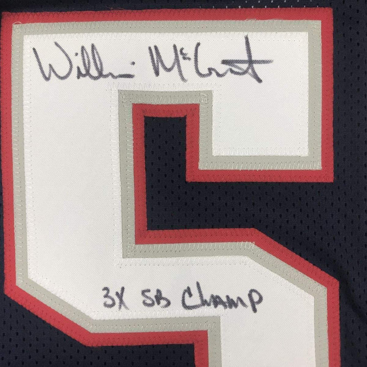 Framed Autographed/Signed Willie McGinest 3x SB Champ 33x42 New England Blue Football Jersey JSA COA