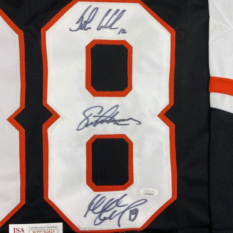 Autographed/Signed Legion of Doom Eric Lindros, John LeClair & Mikail Renberg Philadelphia Black Hockey Jersey JSA COA