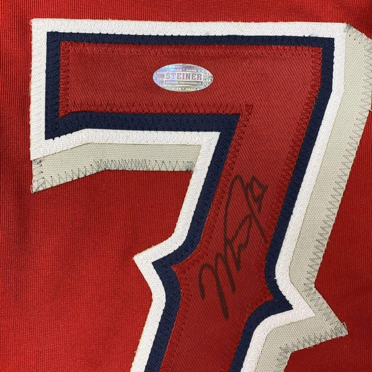 Framed Autographed/Signed Mike Trout 33x42 Los Angeles Red Baseball Jersey Steiner Sports COA Hologram Only