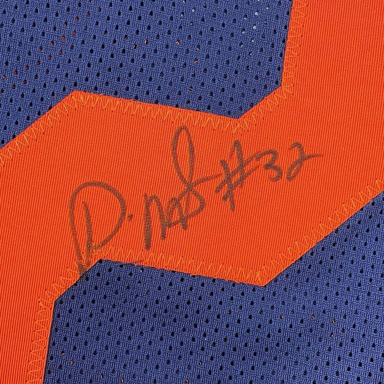 Framed Autographed/Signed David Montgomery 33x42 Chicago Retro Blue Football Jersey JSA COA