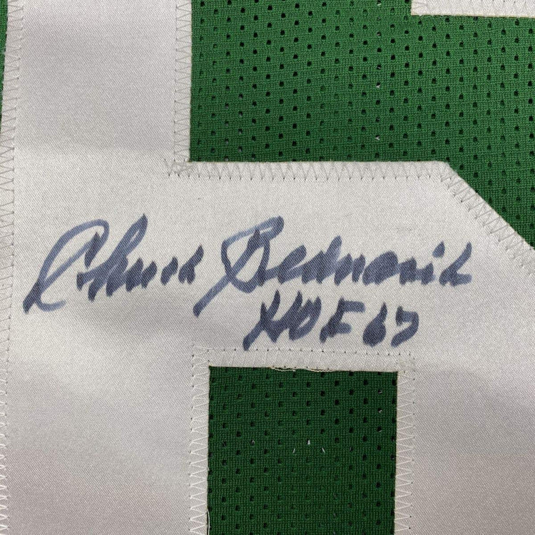 Framed Autographed/Signed Chuck Bednarik HOF 67 33x42 Philadelphia Kelly Green Football Jersey JSA COA
