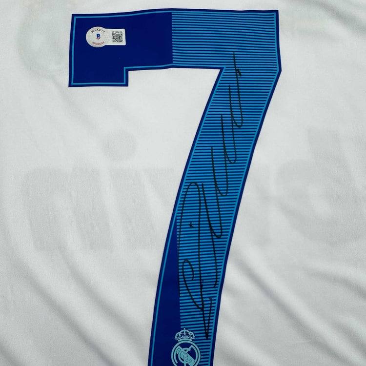 Framed Autographed/Signed Cristiano Ronaldo 35x39 Real Madrid White Soccer Jersey Beckett BAS COA