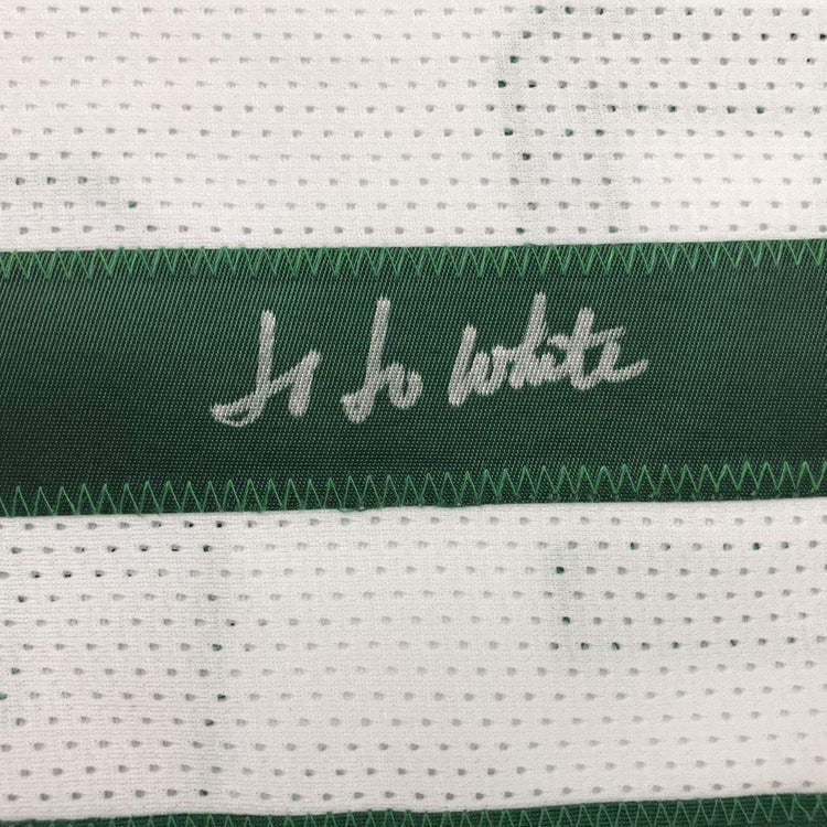 Framed Autographed/Signed Jo Jo JoJo White 33x42 Boston White Basketball Jersey JSA COA