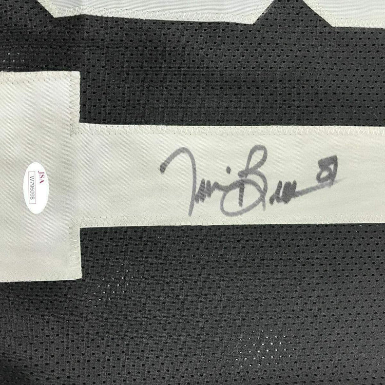 Framed Autographed/Signed Tim Brown 33x42 Oakland Black Football Jersey JSA COA Holo Only