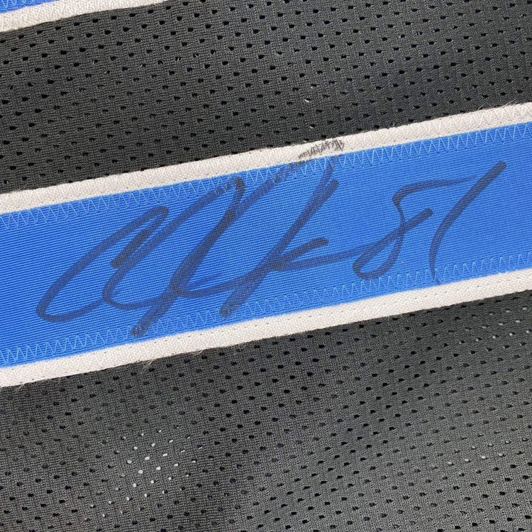 Framed Autographed/Signed Calvin Johnson 33x42 Detroit Black Football Jersey JSA COA
